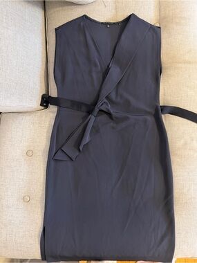 Elie Tahari Navy Sleeveless Wrap Midi Dress with Tie Waist